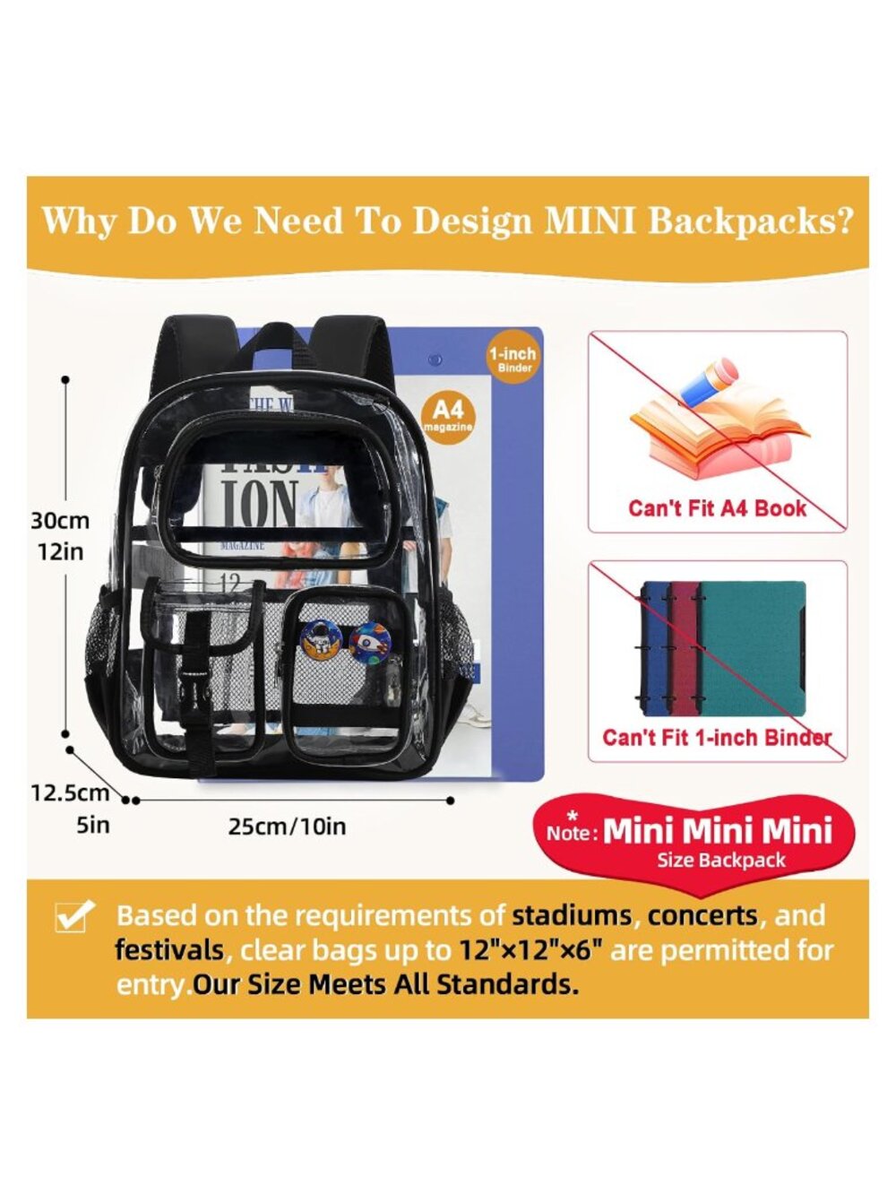 Clear Stadium Backpack 12x6x12 Transparent Bag for Events